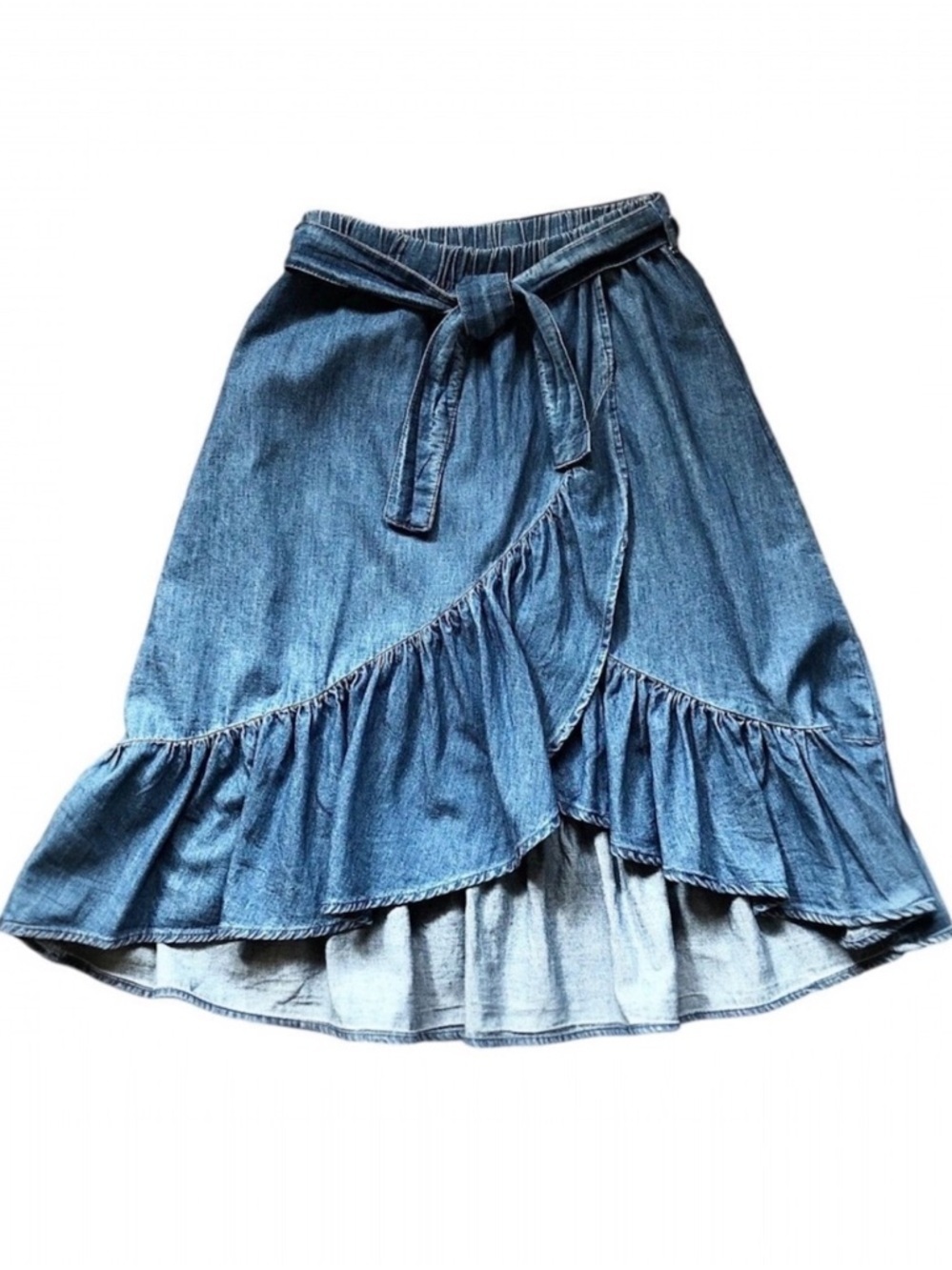 Zara Girls Chambray Denim Ruffle Wrap Midi Skirt Size 9 (134 cm)